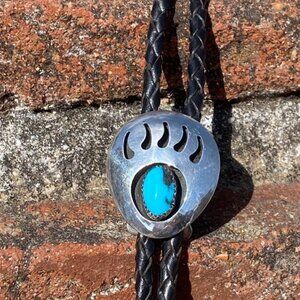 Vintage Sterling SIlver Bear Track Shadowbox Bolo Tie with Turquoise